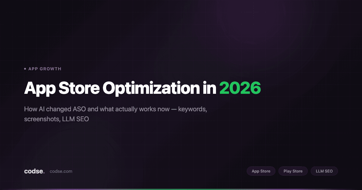 ASO dashboard-style hero illustration showing App Store Optimization in 2026 with keyword relevance, listing conversion, and retention signals.