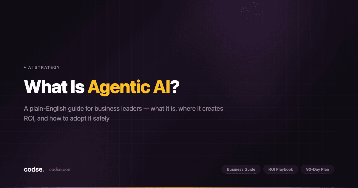 Agentic AI strategy visual showing business inputs, bounded agent workflow, and executive outcome dashboard for enterprise adoption planning.