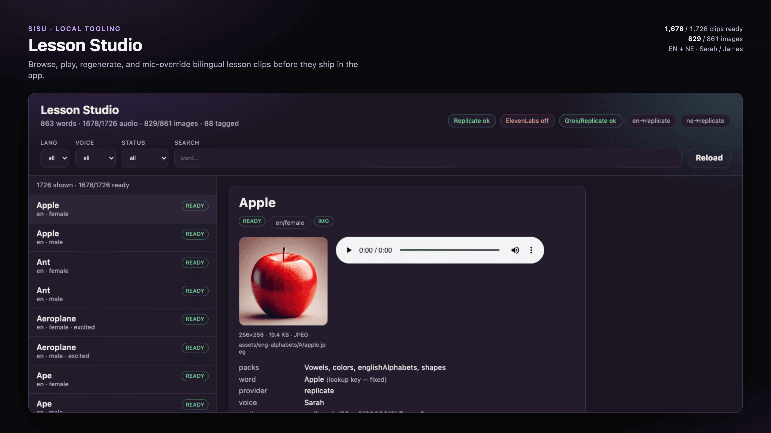 Screenshot of Sisu Lesson Studio reviewing Apple with ready EN female clip and image